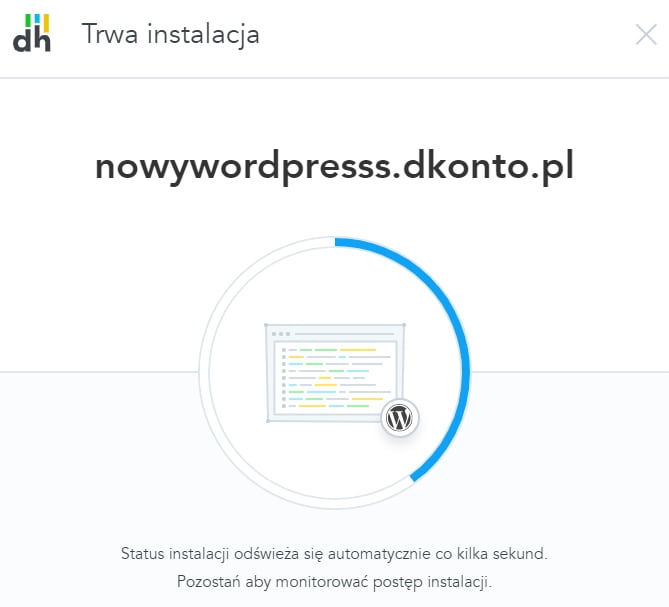 dpanel strony WWW proces instalacji wordpress
