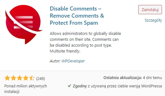 disable comments instalacja