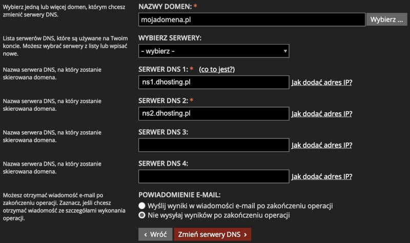 Formularz zmiany DNS w aftermarket.pl