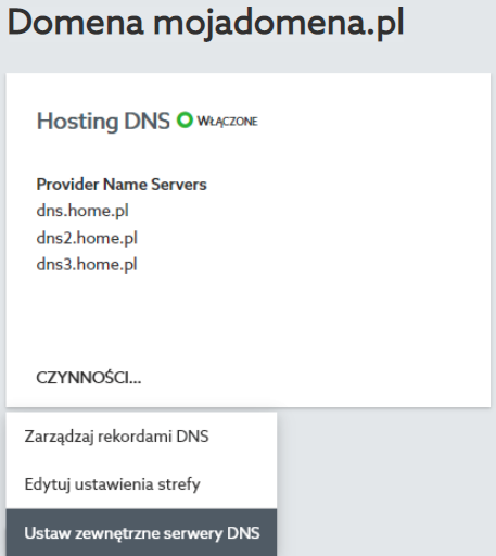 Wybranie opcji zmiany serwerów DNS w home.pl