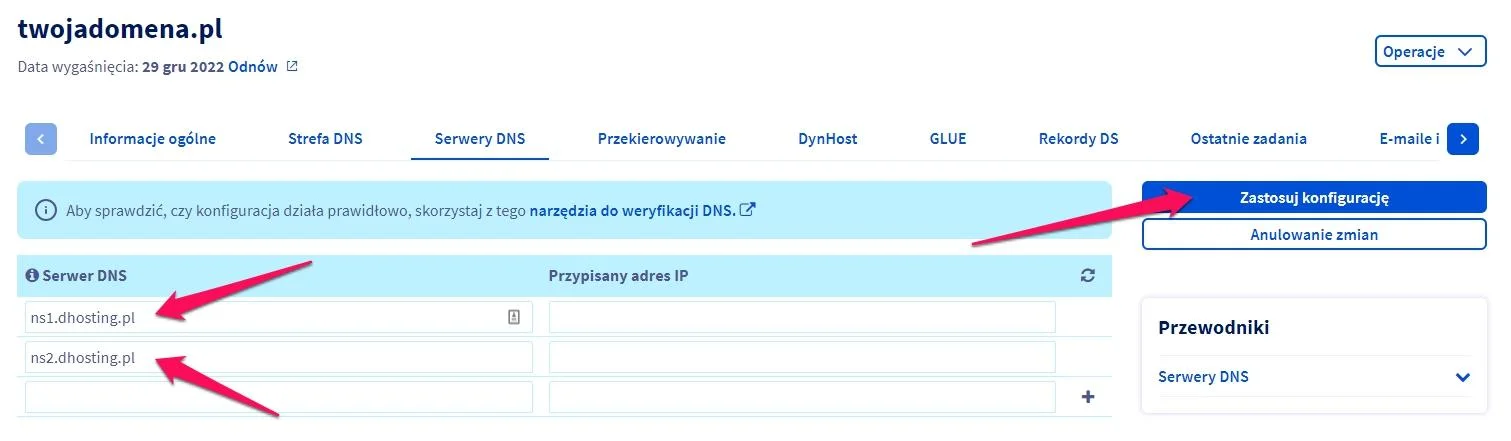 Formularz zmiany serwerów DNS w ovh.pl