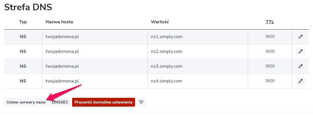 Wybór zmiany ustawień serwerów DNS w simply.com