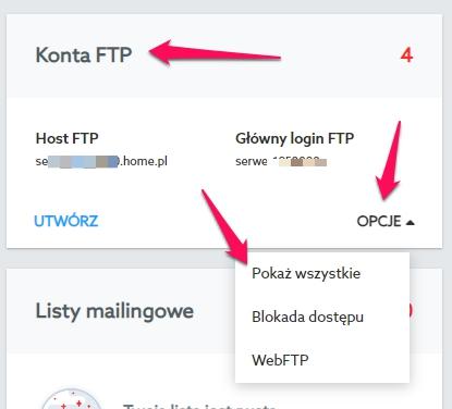 Przejście do listy kont FTP w home.pl